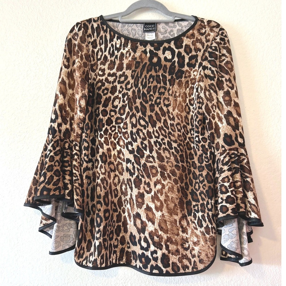 Glam Chic Leopard Print Bell Sleeve Blouse Coco Bianco Cheetah Print Top SZ S